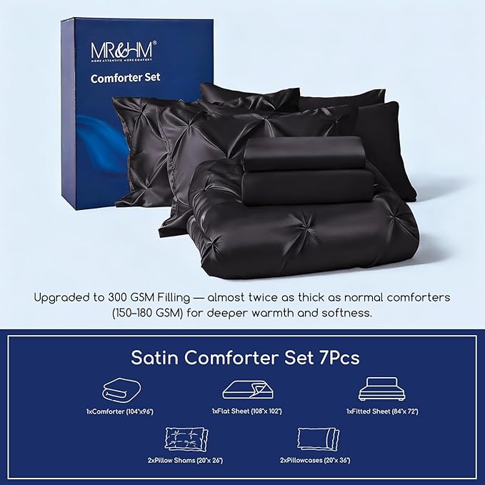 MR&HM Satin Comforter California King 7 Pieces Black - Luxurious Pinch Pleat Bedding Set with Comforter, Flat Sheet, Fitted Sheet, Pillowcases & Shams, Super Silky Soft Bed Set for All Season