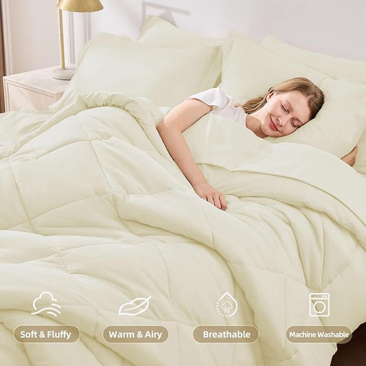 FUANNA 7 Pieces Full Size Comforter Sets, All Season Bedding Sets Full Size, Luxury Soft Bed in a Bag with Comforter, Flat Sheet, Fitted Sheet, Pillowcases & Pillow Shams, Cream White