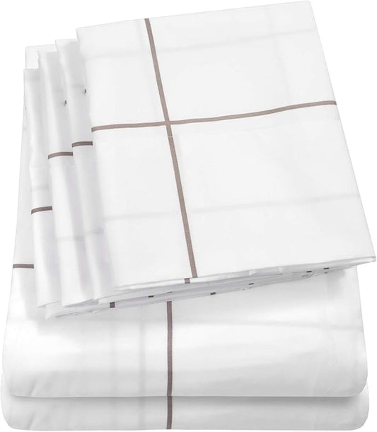 Queen Sheets Window Pane White - 6 Piece 1500 Supreme Collection Fine Brushed Microfiber Deep Pocket Queen Sheet Set Bedding - 2 Extra Pillow Cases, Great Value, Queen, Window Pane White