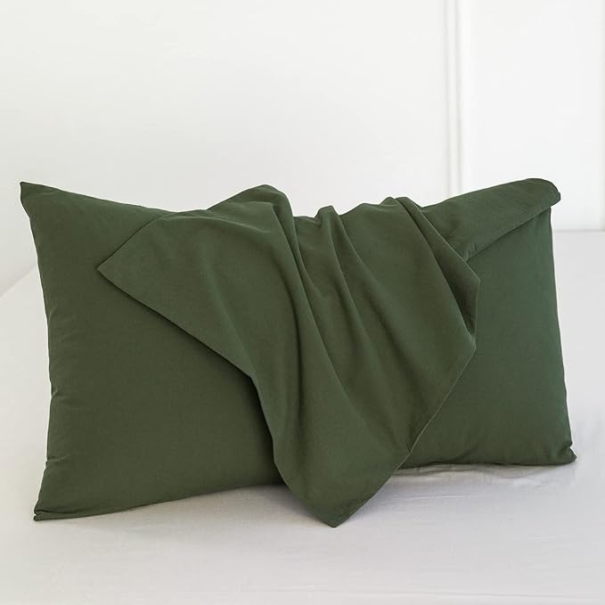 MooMee Bedding Pillowcases Pack of 2 100% Washed Cotton Linen Like Textured Breathable Durable Soft Comfy (Solid Olive Green, Queen)