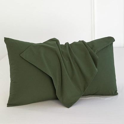 MooMee Bedding Pillowcases Pack of 2 100% Washed Cotton Linen Like Textured Breathable Durable Soft Comfy (Solid Olive Green, Queen)