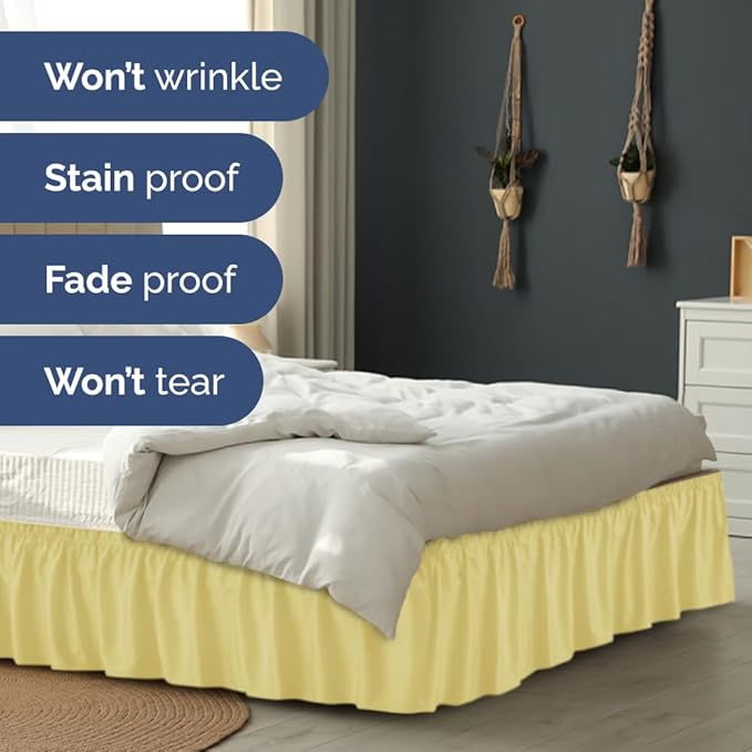 Wrap Around Dust Ruffle Bed Skirt - Yellow - for King Size Beds with 18 Inch Drop - Easy Fit Elastic Strap - Adjustable Pleated Bedskirt w/Brushed Fabric - Wrinkle Free - for Women, Men, Kids & Teens