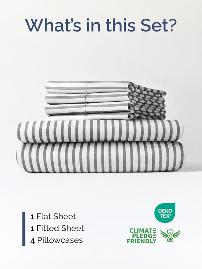 Extra Deep Cal King Sheet Set - 6 Piece Breathable and Cooling Sheets - Hotel Luxury Bedding for Women, Men, Kids & Teens - Easy Secure Fit - Soft & Wrinkle Free - Extra Deep Pockets - Grey Stripes