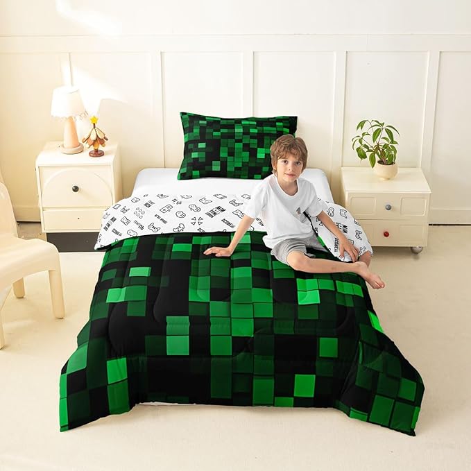 Pixelated Miners Game Kids Comforter Set Twin Size,Geometric Check Video Games Bedding Set Boys Room Decor,Gamepad Camo Grid Quilt Comforter,Black Green Duvet Set Bedroom Quilt Set,1 Pillowcase