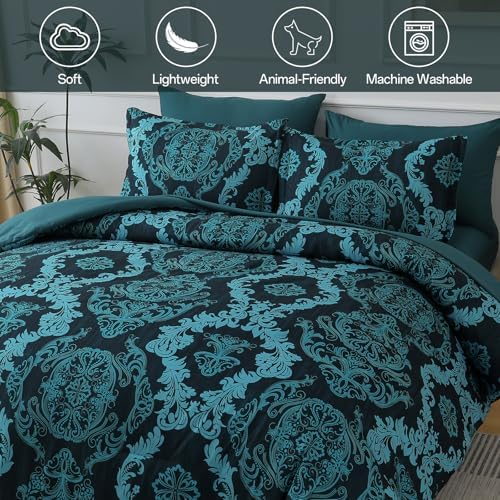 WONGS BEDDING 7 Piece Queen Comforter Set, Teal Texture Breathable Microfiber Comforter Bedding Set for All Season, Damask Bed in a Bag with Comforter, Flat Sheet, Fitted Sheet, Pillowcases & Shams