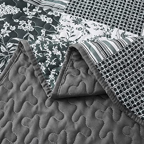 Mybedsoul Boho Quilt King Size, Patchwork Bedding Set, Black Grey