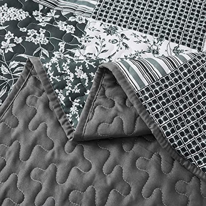 Mybedsoul Boho Quilt King Size, Patchwork Bedding Set, Black Grey