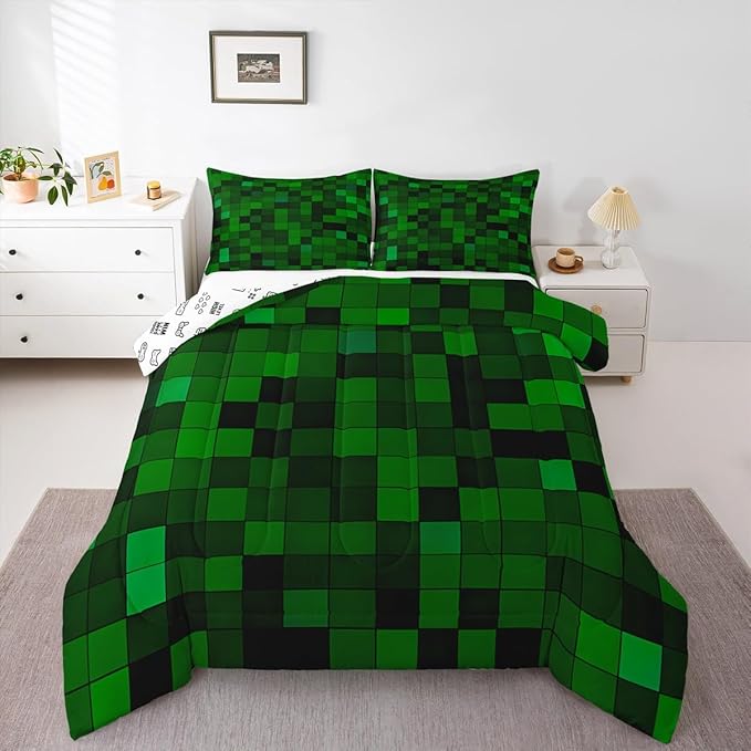 Pixelated Miners Game Kids Bedding Set King Size,Geometric Check Video Games Comforter Set,Gamepad Grid Gaming Quilt Comforter,Dark Green Bedroom Duvet Insert,2 Pillowcases