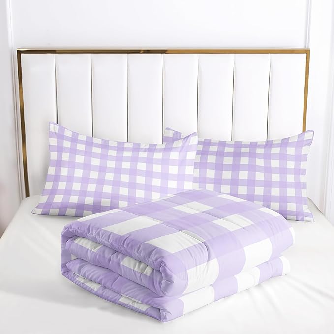 Gingham Comforter Set for Girls,Light Purple Kawaii Plaid Checkered Bedding Full Size,Modern Geometric Bedding for Women Girls Kids,Farmhouse Grid Bed Comforter Set 1 Quilt 2 Pillowcases