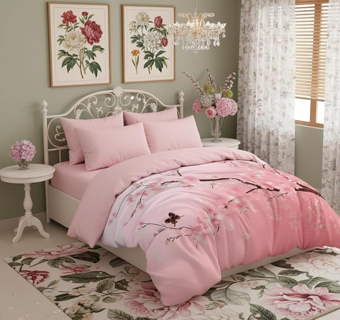 Japanese Bedding Set King Size,Pink Flower Comforter Set 3Pcs Cherry Blossom Quilted Bed Set with 2 Pillowcases for Girls Women, All Season(104"x90")