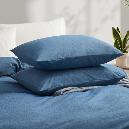 LOVQUE 100% Washed Cotton Duvet Cover King Size, Denim Blue Fade-Resistant Natural Bedding Set (No Comforter), 104x90 Inches