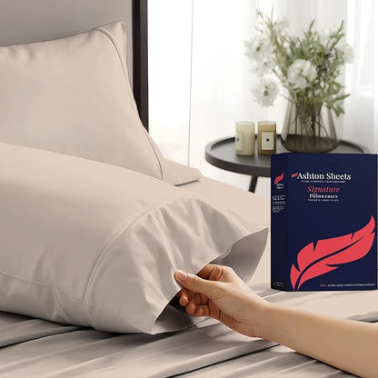 Ashton Sheets 100% Egyptian Cotton Queen Pillow Cases Set of 2 - Luxury 1200 Thread Count Pillow Cases Queen Size (Taupe), Soft, Cooling Hotel Collection Pillowcases, Fits Queen Standard Pillow