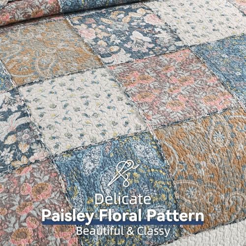 Yvooxny 3-Piece Quilt Set King Size Quilted Bedspread Reversible Country Style Blue Floral Paisley Real Patchwork Bedding Quilt Set with Ruffles with Pillowcases for All Seasons, 108 * 96 Inches