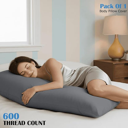 Comfort Beddings Body Pillowcase, 100% Organic Cotton 600 Thread Count Sateen, Soft Cooling Grey, 1-Pack, Hidden Zipper Closure, Hotel Quality, Fade & Shrink Resistant, 20 x 48 Inches