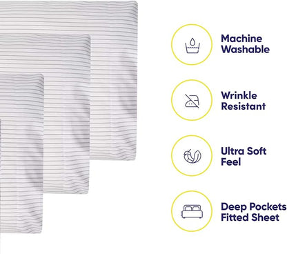 Queen Sheets Pinstripe White - 6 Piece 1500 Supreme Collection Fine Brushed Microfiber Deep Pocket Queen Sheet Set Bedding - 2 Extra Pillow Cases, Great Value, Queen, Pinstripe White