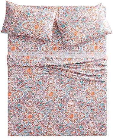 Wake In Cloud - Boho Bed Sheets, 100% Cotton, 4-Piece Sheet Set, Bohemian Hippie Chic Paisley Patterned Aesthetic Bedding, Deep Pocket, Turquoise Orange, King Size