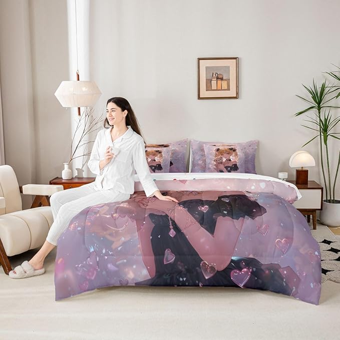 Erosebridal Bow Girls Bedding Set Pink Kawaii Cartoon Anime Kids Twin Comforter Set 7 Piece,Romantic Aesthetic Princess Bed in A Bag Japanese Style Girl Bed Set