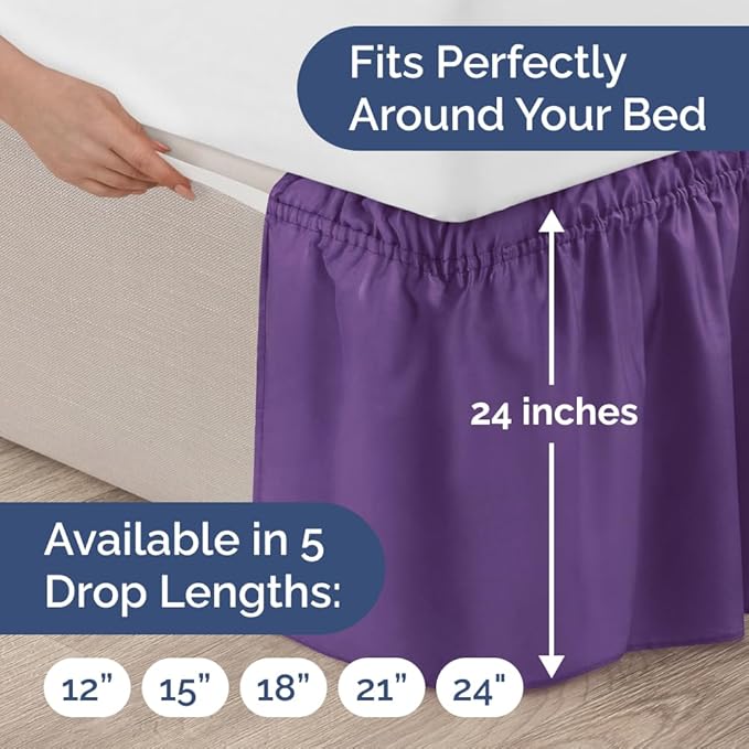 Wrap Around Dust Ruffle Bed Skirt - Purple - for Full Size Beds with 24 Inch Drop - Easy Fit Elastic Strap - Adjustable Pleated Bedskirt w/Brushed Fabric - Wrinkle Free - for Women, Men, Kids & Teens