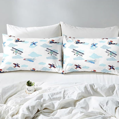 Kids Aircraft Bed Sheets Set Boys Teens Airplanes Fitted Sheet Blue White Clouds Bedding Set for Bedroom Decor Chic Gingham Sheet (Queen Flat Sheet & Fitted Sheet with 2 Pillow Case)