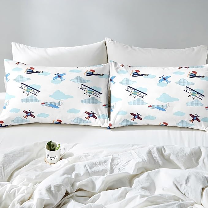 Castle Fairy Kids Aircraft Bedding Set Boys Teens Airplanes Duvet Cover Set Blue White Clouds Comforter Cover Chic Gingham Bedspread Cover Bedroom Quilt Cover 3Pcs Full with 2 Pillowcase,No Comforter
