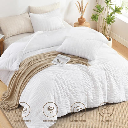 AveLom Seersucker Oversized Queen Comforter Set White (98x98 In), 3 Pieces 100% Soft Washed Microfiber Lightweight Comforter with 2 Pillowcases, All Season Down Alternative Comforter Set for Queen Bed