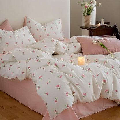 Floral Comforter Set Queen Size - 3 Pieces Pink White Floral Comforter Bedding Sets Tulips Pattern,Queen Bed in a Bag with Heart Comforter and 2 Pillowcases