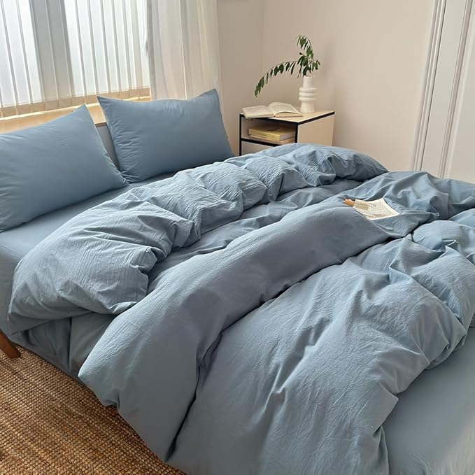FACE TWO FACE Bedding Duvet Cover Set100% Washed Cotton Duvet Cover Linen Like Textured Breathable Durable Soft Comfy (Queen, Deep Gray Blue)