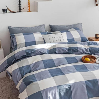 Plaid Comforter Set Blue White Checkered Bedding Comforter King Size Fluffy Soft Geometric Plaid Grid Comforter Set for All Seasons Farmhouse Bedding Set Checkered Pattern Comforter with 2 Pillowcases