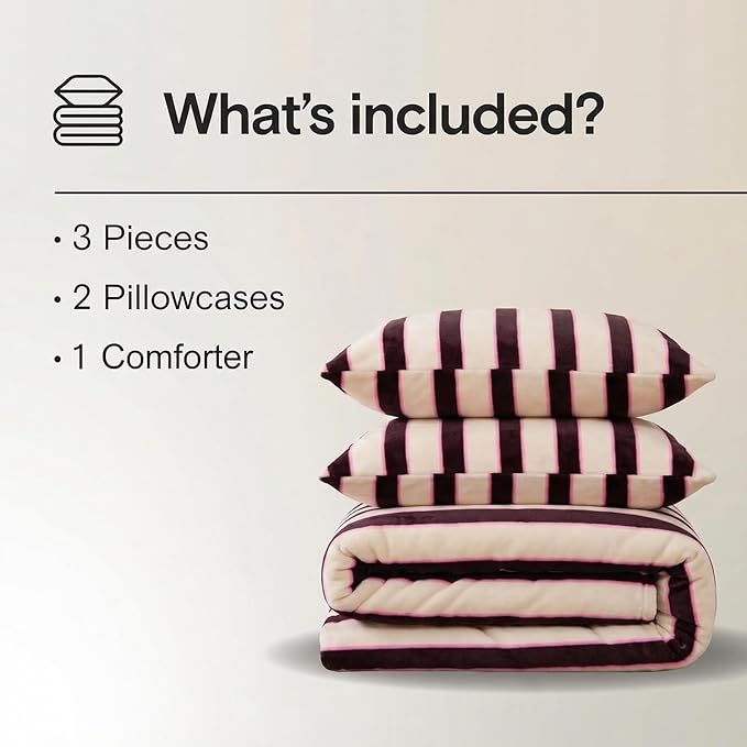 Bedbay Striped Queen Comforter Set Velvety Fleece Comforter Set Modern Style Striped Beding with 2 Pillowcases Lightweight 3 Pcs Boho Bedding Quilt Farmhouse Fluffy Bed Set for All Seasons