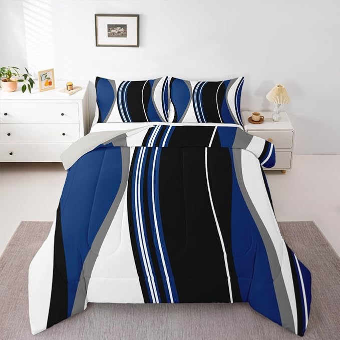 Erosebridal Blue Black Abstract Twin Bedding Sets for Adult Women Men Grey Modern Striped Comforter Set Geometric Stripes Lines Quilt Duvet Set Contemporary Art Boho Bedding Collections for Minimalist