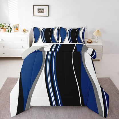 Erosebridal Blue Black Abstract King Bedding Set Grey Modern Striped Comforter Set for Adult Women Men Geometric Stripes Lines Bed Collections Contemporary Art Boho Duvet Quilt Sets for Minimalist