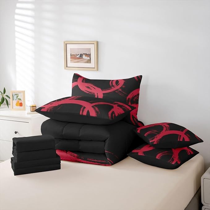 Erosebridal Black and Red 7 Piece Comforter Set Full Abstract Line Ink Painting Bedding Set for Kids Boys Girls Simple Minimalist Graffiti Art Modern Geometric Sheet Set Boho Cool Unique Mens Quilt