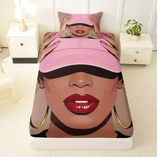 Erosebridal Black Girls Twin Size Bed Sheets Fashion Black Woman Fitted Sheet for Girls Kids Vogue Fashionable Gorgeous Bedding Set for Teens Children Women African Princess Magical Sheets