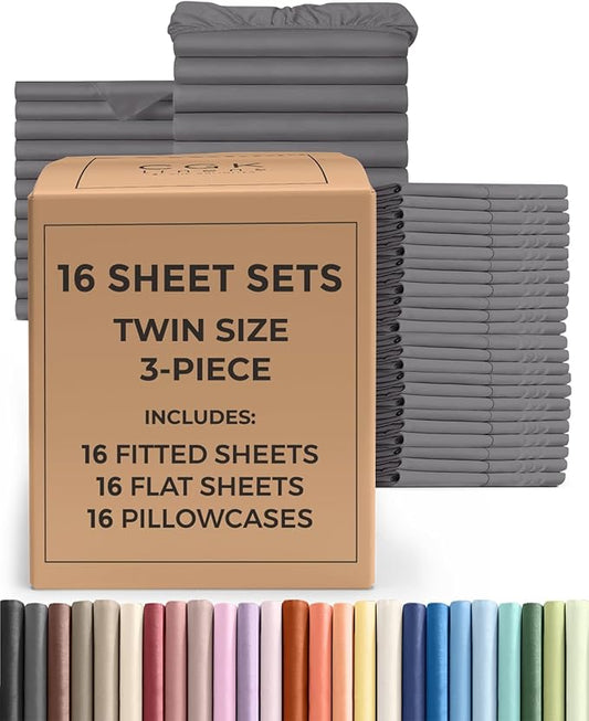 Bulk Case Pack of 16 Sheet Sets - (16) Complete Twin Size Sheet Sets w/ Deep Pockets - Wholesale Bulk Bedding for Hotels, Spas & Airbnbs - Breathable, Cooling, Soft & Wrinkle Free - (Twin, Dark Grey)