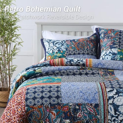Yvooxny California King Quilt Set Reversible Lightweight Bohemian Paisley Patchwork Cotton Quilted Bedspread Coverlet Set 3-Piece Quilt Set with Pillowcases for All Seasons, 118 x 110 Inches