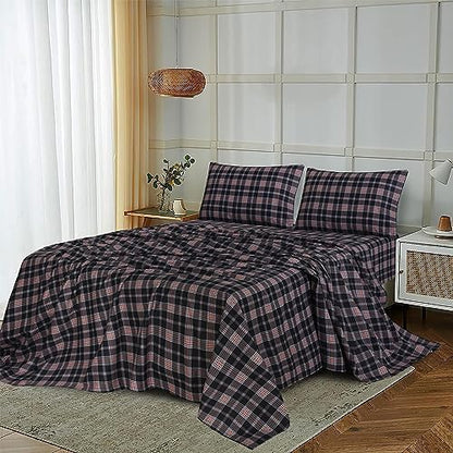 RUVANTI Flannel Sheets Set Queen Size,Peach & Black Plaid