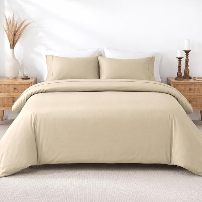 California Design Den 3 Pc 100% Cotton Duvet Cover Set Queen Size/Full Size - Winner Good Housekeeping Best Bedding Awards 2025, 400 Thread Count Sateen, Soft and Durable - Beige (Golden Tone)