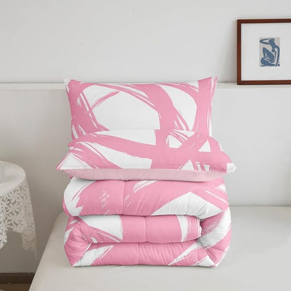 Erosebridal Pink and White Abstarct Toddler Bedding Set,Aesthetic Geometric Comforter Set for Minimalists,Graffiti Stripes Lines Quilt,Contemporary Boho Modern Art Duvet Insert for Minimalism