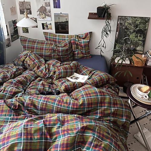 mixinni Buffalo Plaid Duvet Cover King Size - 100% Washed Cotton 3-Piece Bedding Set for All Seasons, Retro Grid Design, Soft Breathable Comforter Cover with Zipper Ties for Men, Women-King Size