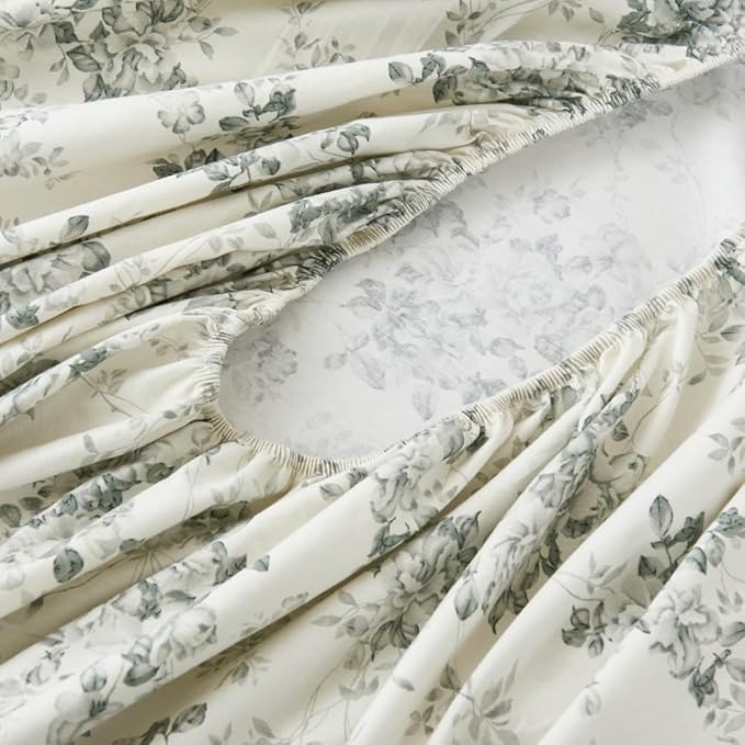 DAUAOTO Cotton Sheets Set California King Printed Bedding Sets, Toile Red Floral Pattern Bedlinen for Cal King Mattress Up to 14" Deep, Gray
