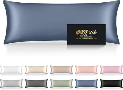 Silk Body Pillow Cases, Mulberry Silk Body Pillow Cover with Zipper, Smooth, Anti Acne, Cooling Sleep Both Sides Natural Silk Satin 20x54 Body Pillowcase, Gifts for Women Men, Ash Blue