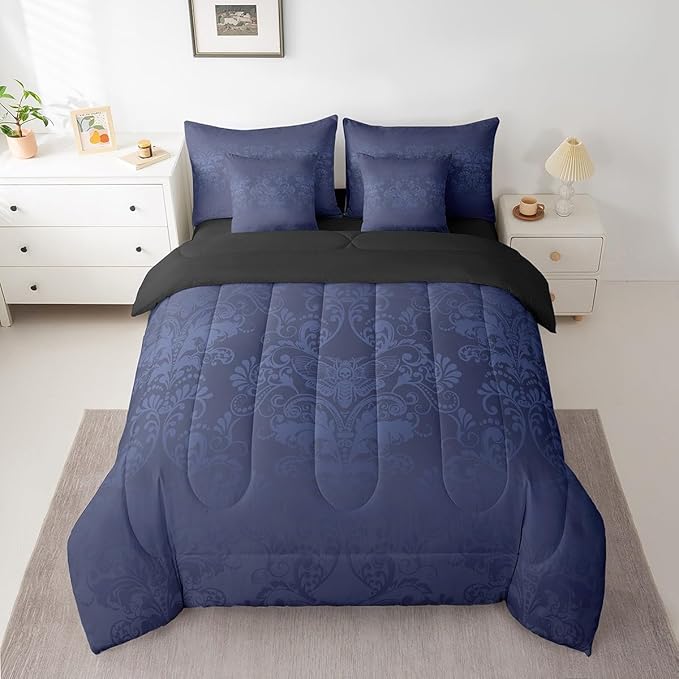Erosebridal Gothic Damask Bed in a Bag King Size Comforter Set 7 Pieces,Exotic Moth Bedding Sets Azure Blue Victorian Floral Goth Sheet Set with Comforter