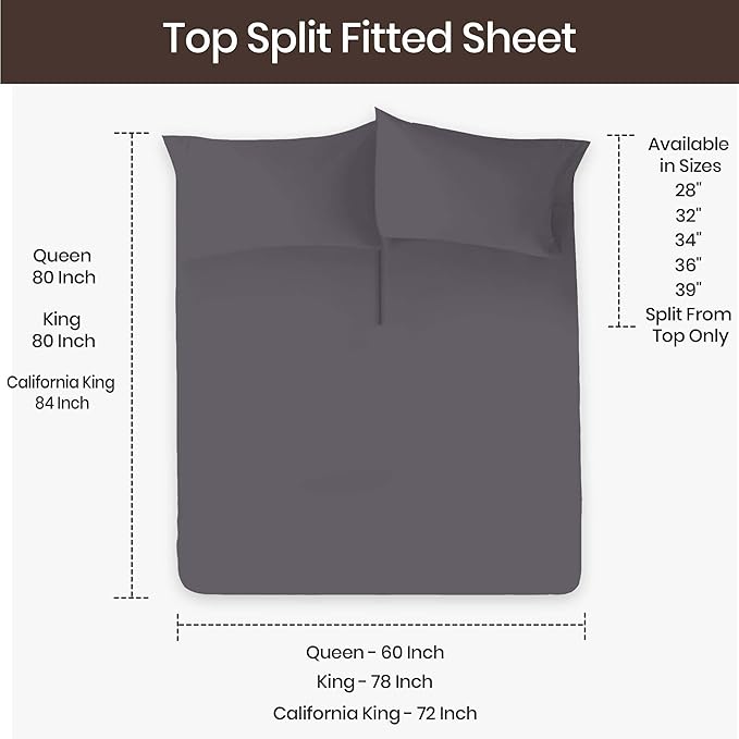 SGI bedding 28" Queen Split Top Flex Head Sheet Set 1800 Microfiber Threads Flex Top Sheet for Adjustable Bed 4 Pcs Sheet Set 15" Deep Pocket for Adjustable Bed - Dark Gray