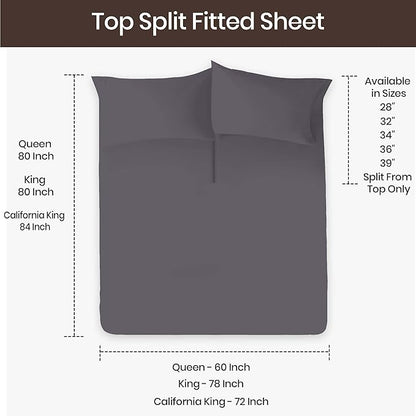SGI bedding Adjustable Split Head Flex Top King 34" Microfiber Sheet Set – Ultra Soft, Cooling & Deep Pocket 15” Fitted, 4-Piece Breathable & Durable Bedding Set for Split King Beds -Dark Gray