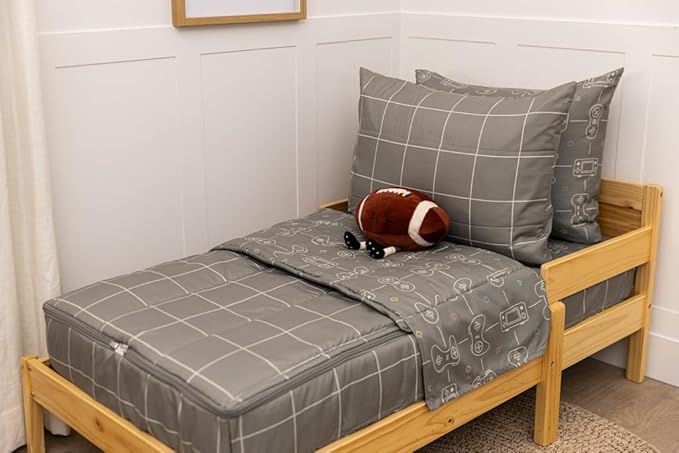 Beddy's Video Game Themed Durable Zipper Bedding for Kids, Bed in a Bag, Gray Comforter & Sheets with Gaming Controller Design for Gamers, Includes Pillowcase & Pillow Sham, Easy to Make & Wash