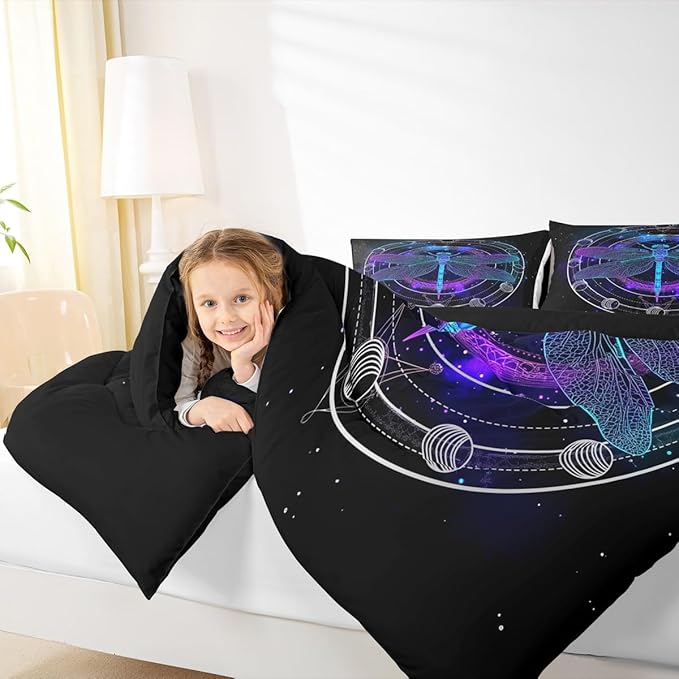 Death Dragonfly Duvet Insert Twin,Gothic Sun Moon Bedding Set for Kids Teens Boys Girls Room Decor,Galaxy Universe Comforter Set Trippy Geometric Quilted Duvet Set with 1 Pillowcase,Black Purple