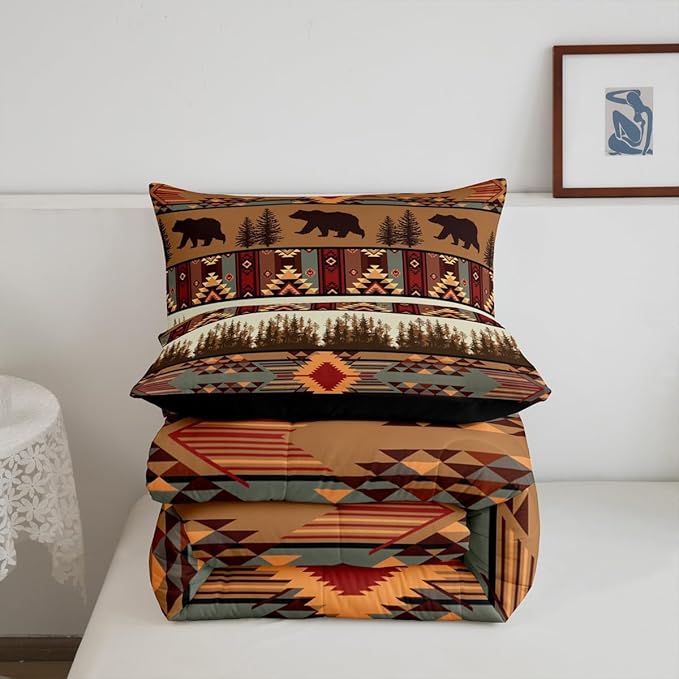Feelyou Boho Comforter Set Toddler Size Bear Comforter for Boys Girls Teens Rustic Bedding Set Cabin Duvet Set Room Decor Olive Brown Quilt Set