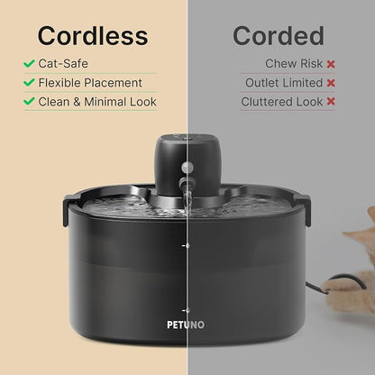 Cordless Cat Water Fountain, Battery Operated, Black, 78oz/2.3L | Wireless Cat Fountain Rechargeable 4000mAh, Motion Sensor, Ultra-Quiet Pump, Locking Lid, Automatic Pet Fountain
