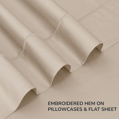 Feather & Stitch 500 TC Queen Size 4pc Damask Bed Sheet Set, 100% Soft Cotton Breathable Bedsheets, 18" Deep Pockets Sateen Weave Striped Bedding Mattress Resort Hotel Luxury Decor - (Champagne Beige)