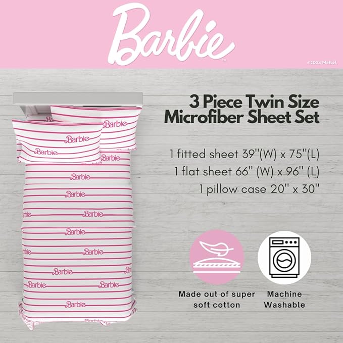 Collectibles Barbie Logo Bedding Super Soft Cozy Microfiber 3 Piece Twin Sheet Set, (Officially Licensed Product) by Franco